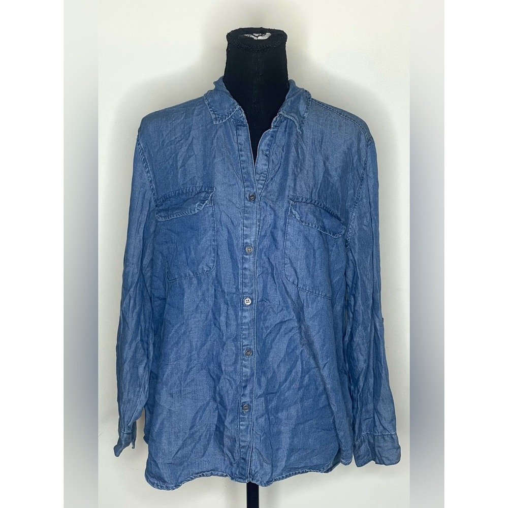 Western & Orchard Blue 100% Tencel Denim Button Down Roll Tab Shirt Large - Picture 2 of 9